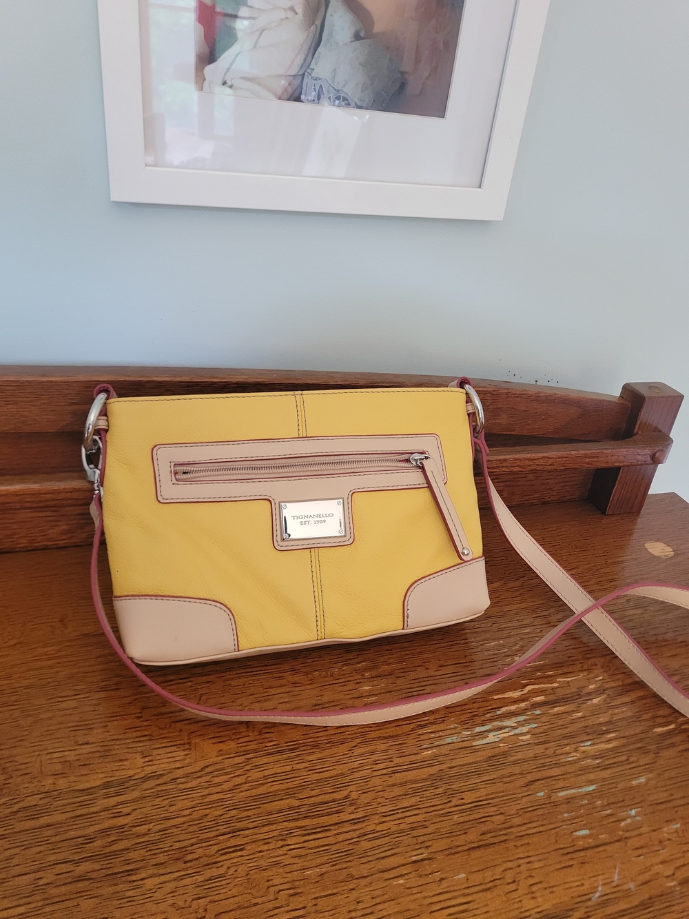 Tignanello Yellow Crossbody with Pink Strap and Cream Trim